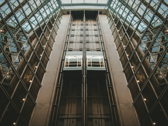 a photo of a lift in an office building