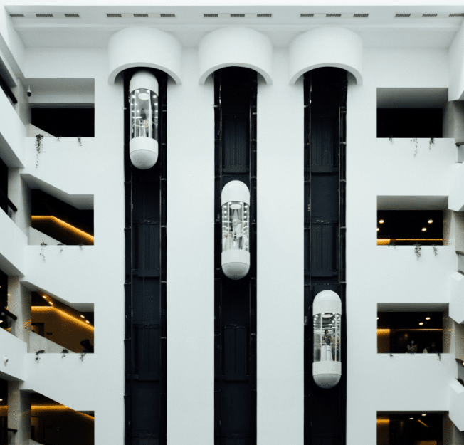 a set of three individualised elevators working on an external facade